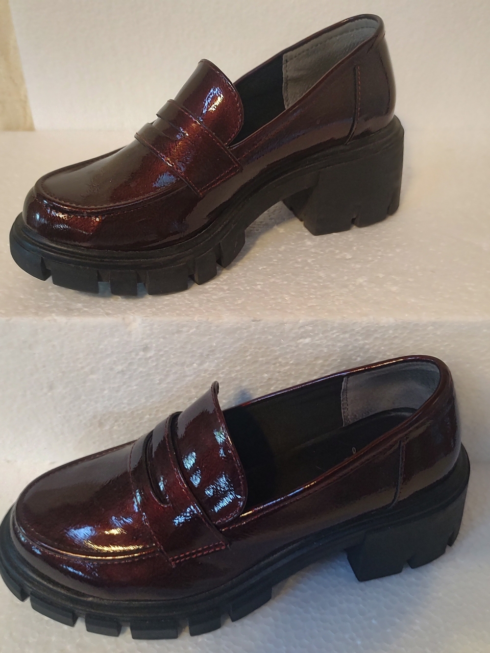Chunky Platform Penny Loafers in Burgundy Patent Crown Vintage Women's 6.5